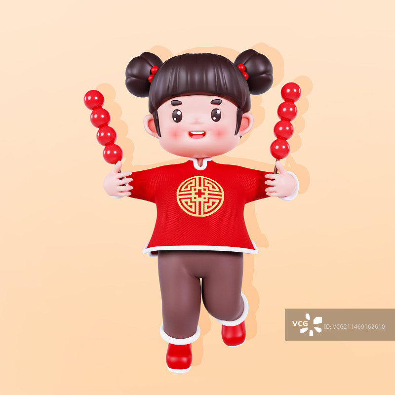 3D渲染的春节福娃小女孩中国娃娃过年喜庆舞狮元素图片素材