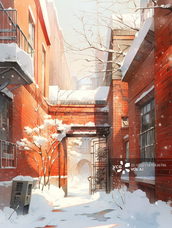 【AI数字艺术】冬日雪中的红色古建筑图片素材