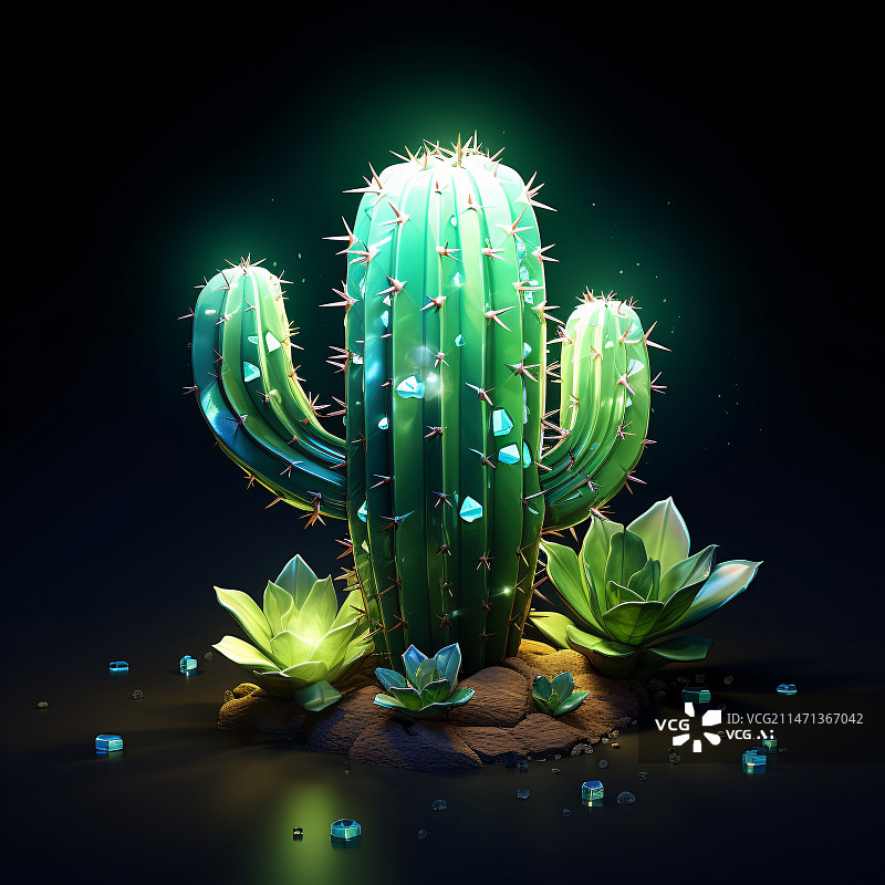 【AI数字艺术】仙人掌绿色植物插画，室内园艺装饰设计概念插图图片素材