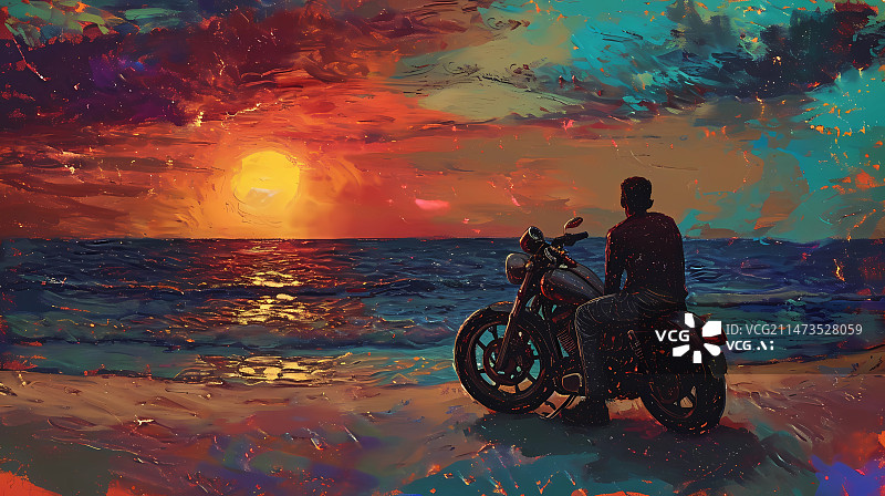【AI数字艺术】油画风格插画——少年骑着摩托车在海边看日落图片素材
