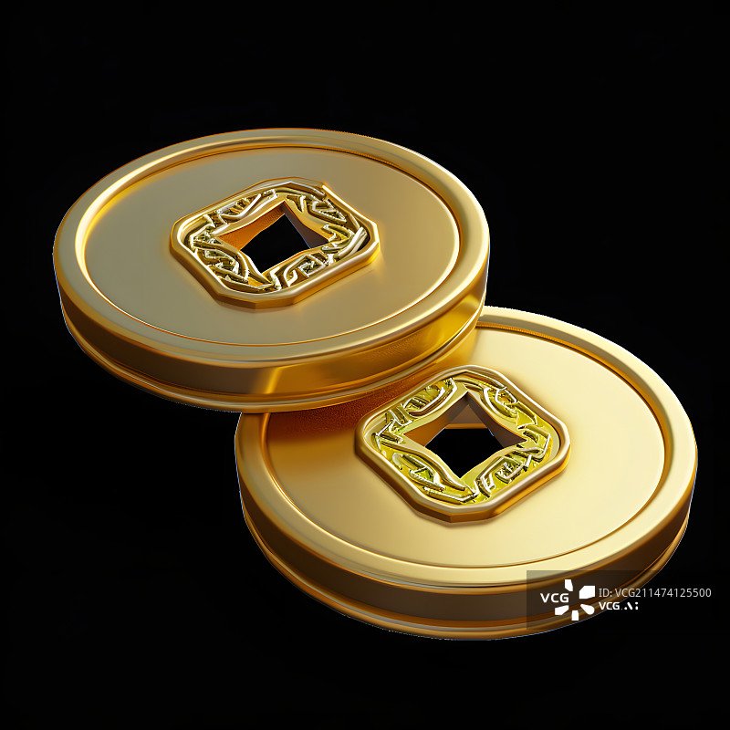 【AI数字艺术】两枚金灿灿的中国3D金币图片素材
