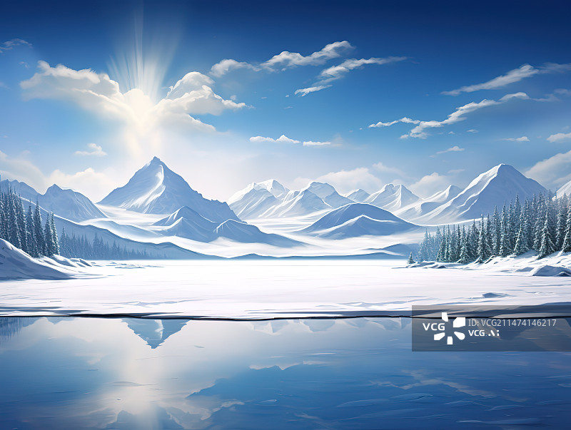 【AI数字艺术】蓝天下的雪山、湖泊和松树图片素材