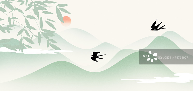 春天燕子归来青山绿水风吹树叶背景插画图片素材