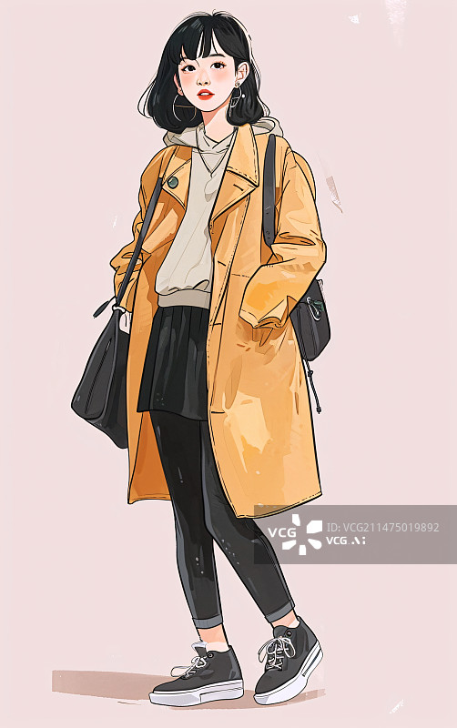 【AI数字艺术】冬季穿黄色外套的少女插画图片素材