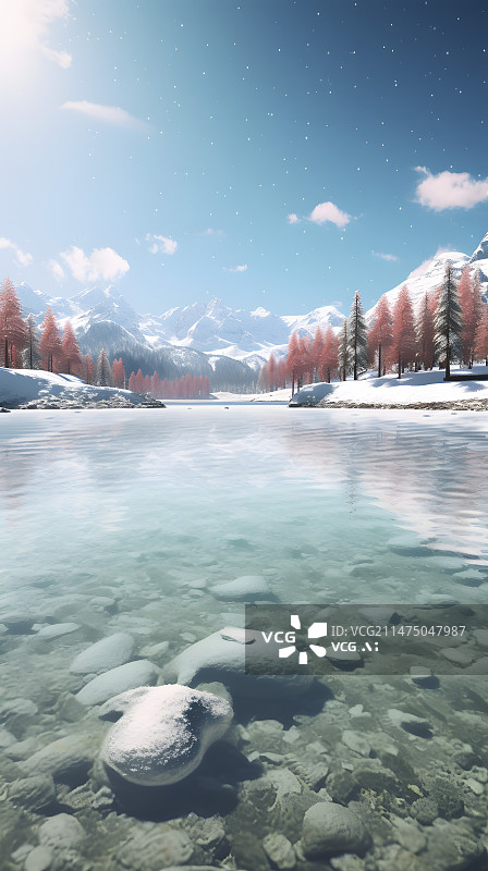 【AI数字艺术】数码彩色雪山蓝天水面场景图形海报背景图片素材