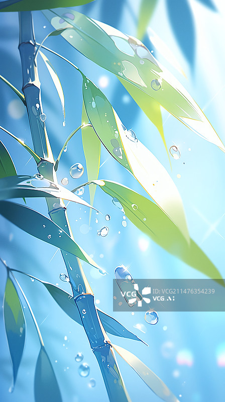 【AI数字艺术】雨水中角落里挂着露珠的一片竹叶插画图片素材