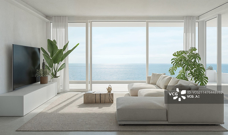 【AI数字艺术】可以看到到海景的白色优雅简约的明亮客厅图片素材