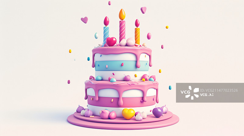 【AI数字艺术】3D生日蛋糕，纯色背景上可爱的粉色生日蛋糕图片素材