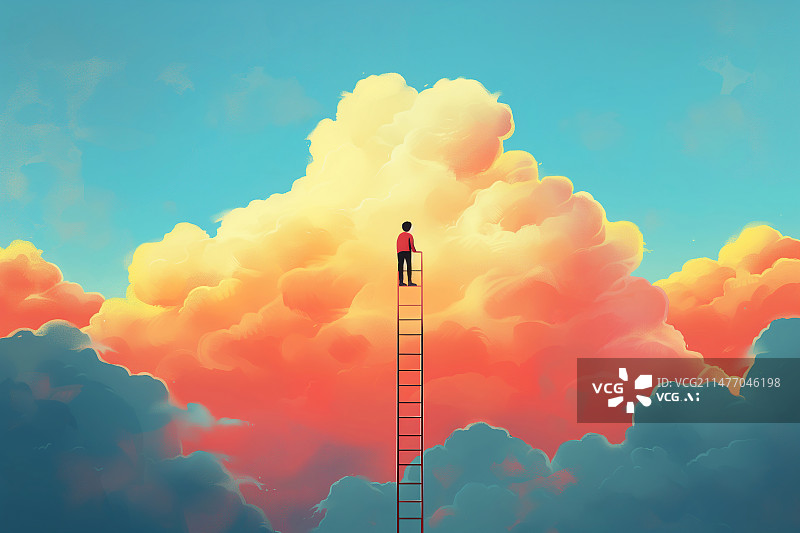 【AI数字艺术】天空云层中一个男人爬上梯子图片素材