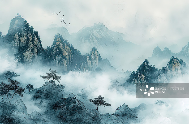 【AI数字艺术】云雾中的山图片素材