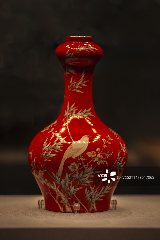 清雍正珊瑚红色珐琅花鸟纹瓶，首都博物馆收藏的国宝级文物图片素材