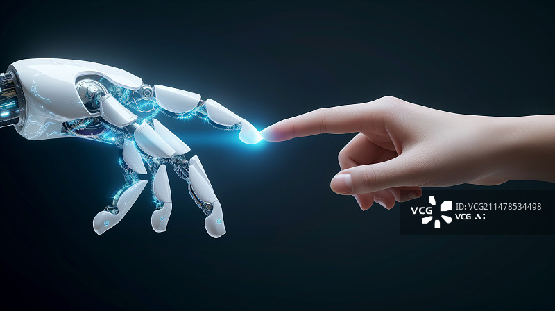 【AI数字艺术】人类与AI机器人手指碰触，未来人工智能概念图片素材