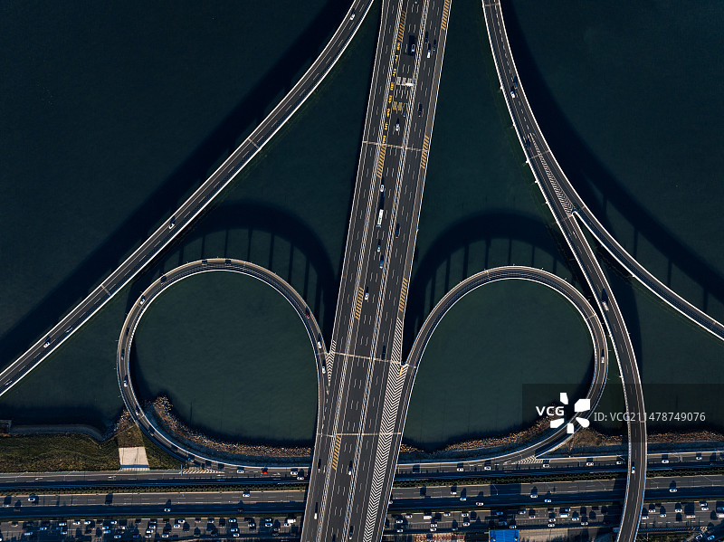 垂直视角航拍山东青岛胶州湾跨海大桥与城市快速路图片素材