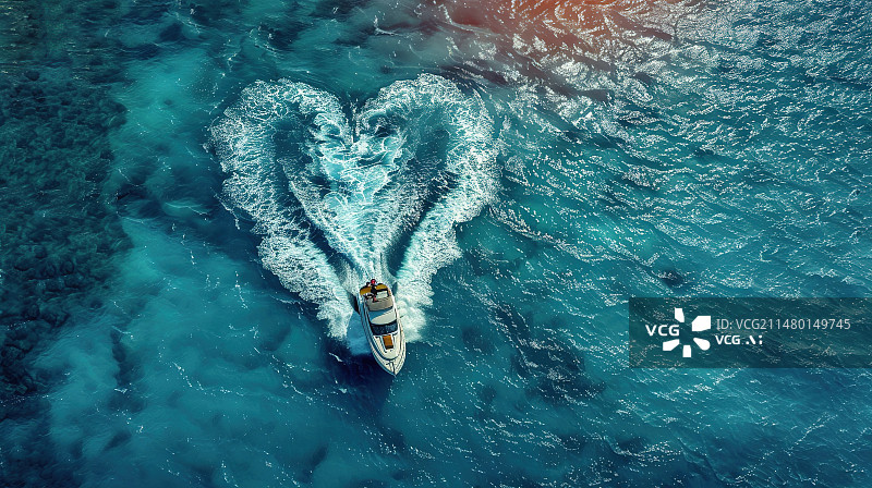 【AI数字艺术】航拍清澈的海洋上面的一艘快艇,爱心形状情人节七夕背景图片素材