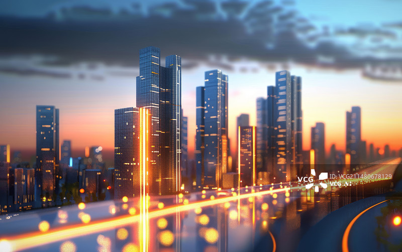【AI数字艺术】现代城市夜景城市天际线抽象科技背景图片素材