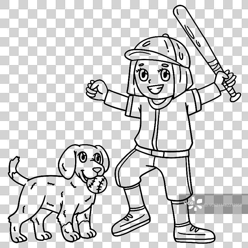 和狗玩棒球的女孩孤立着色图片素材