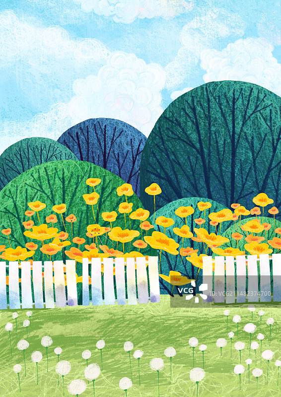 唯美扁平化背景唯美风景插画 公园围栏边的黄花图片素材