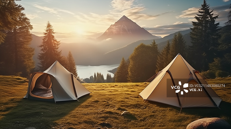 【AI数字艺术】草原上的帐篷和帐篷，户外露营，帐篷背景，帐篷，户外背景，自驾游图片素材