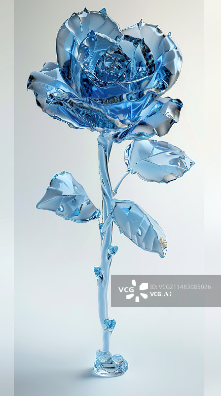 【AI数字艺术】透明玻璃质感3D立体蓝色玫瑰花图片素材