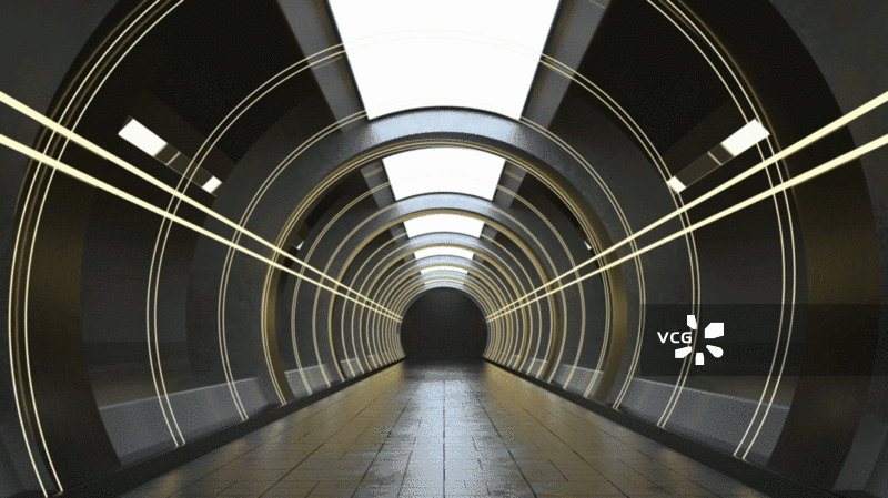 黑暗隧道内的霓虹发光线条3D渲染图片素材