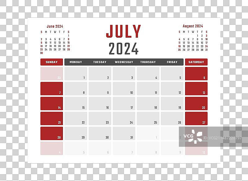 2024年7月的日历将于周日开始图片素材