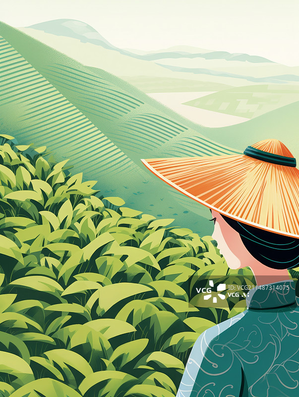 【AI数字艺术】一个东方女性头戴斗笠面向茶园，茶山采茶插画图片素材