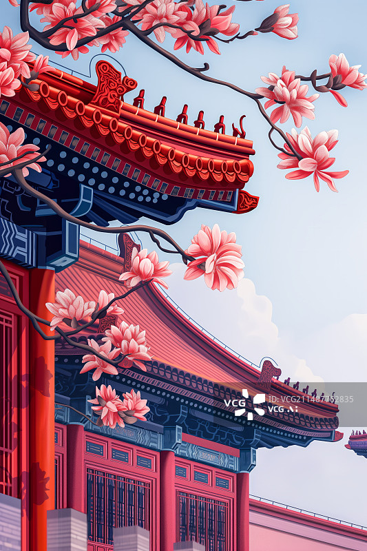 【AI数字艺术】春天中国传统古建筑旁盛开着玉兰花图片素材