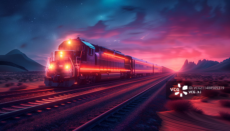【AI数字艺术】沙漠上行驶的发光的列车图片素材