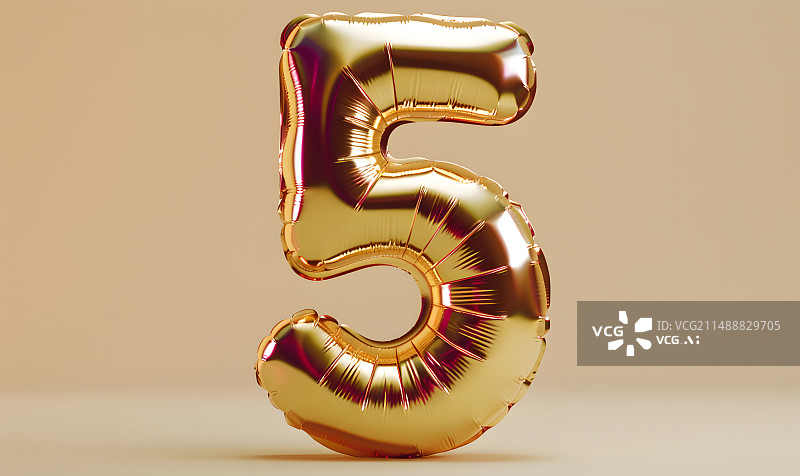 【AI数字艺术】3d金色氛围感数字5气球庆祝周年节日图片素材