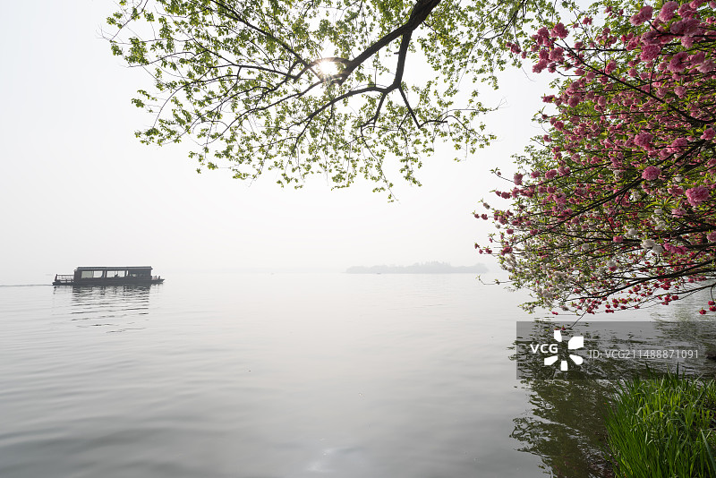 雨雾天杭州西湖雷峰塔春季风景图片素材