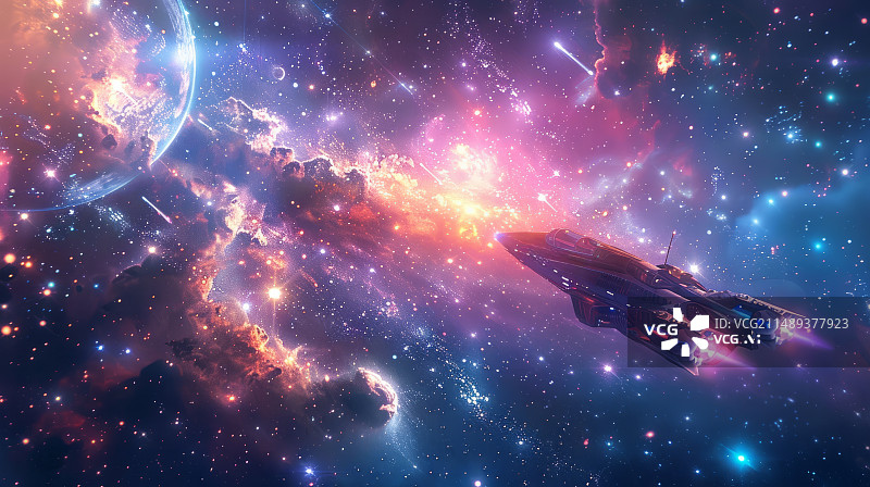 【AI数字艺术】航行在宇宙星云星系背景下的飞船图片素材