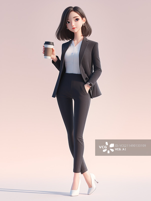 【AI数字艺术】身穿黑色西装的职场白领女性手握奶茶3D人物插画图片素材