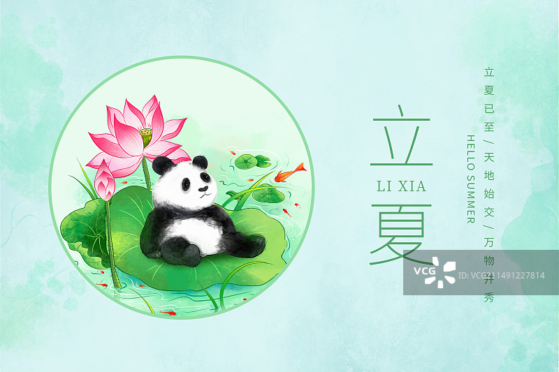 中国风二十四节气系列插画海报模版-夏天 户外荷塘风景画 躺在荷叶上乘凉的熊猫 水彩画背景 横版图片素材