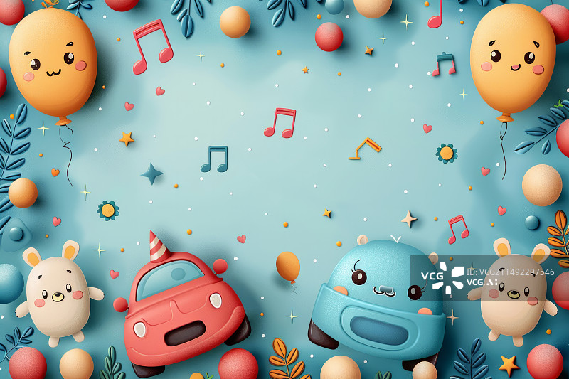 【AI数字艺术】快乐汽车和气球的色彩丰富插图背景图片素材