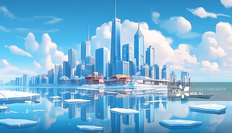 【AI数字艺术】夏日冰爽感城市背景图片素材