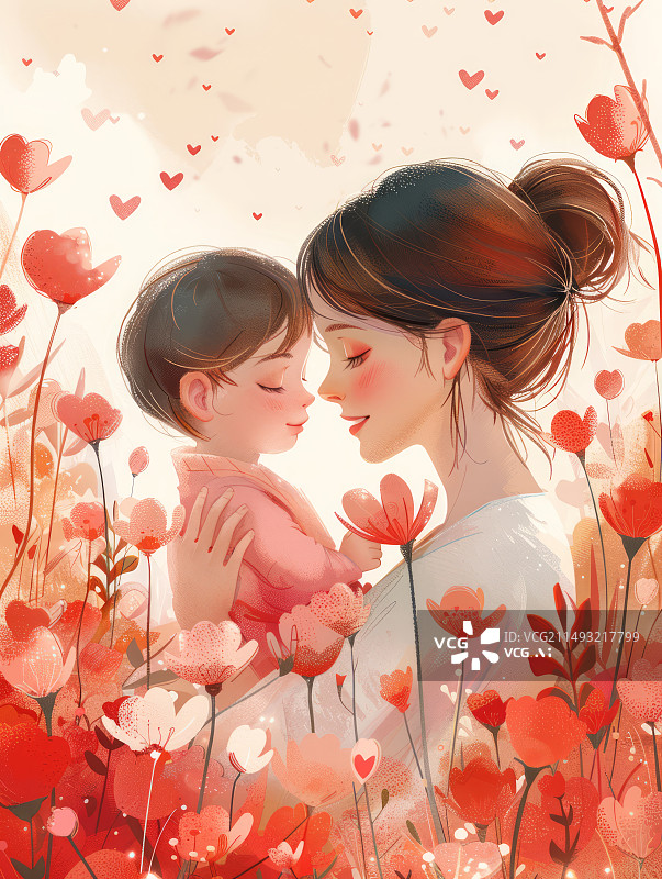【AI数字艺术】妈妈拥抱陪伴孩子温馨场景，母亲节感恩节主题插画图片素材