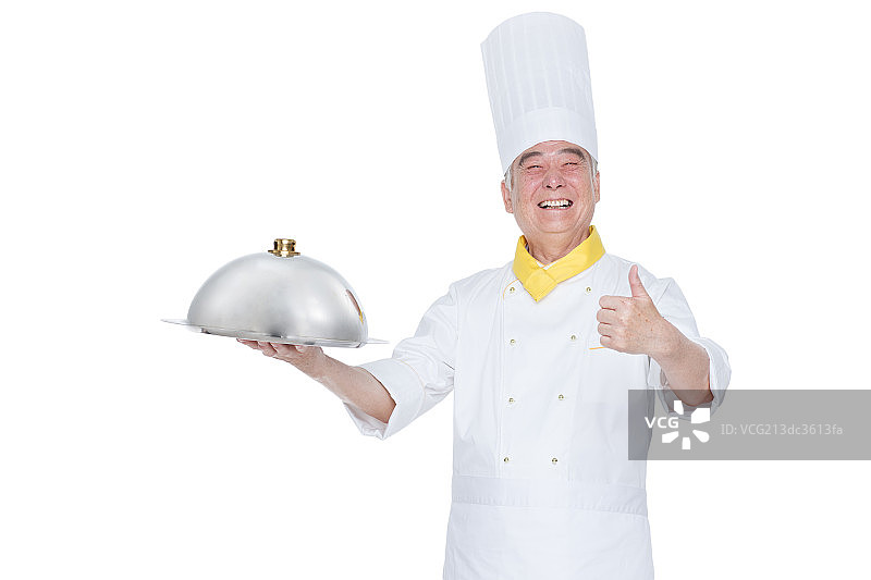 一个穿着厨师服的老年男人翘起大拇指图片素材