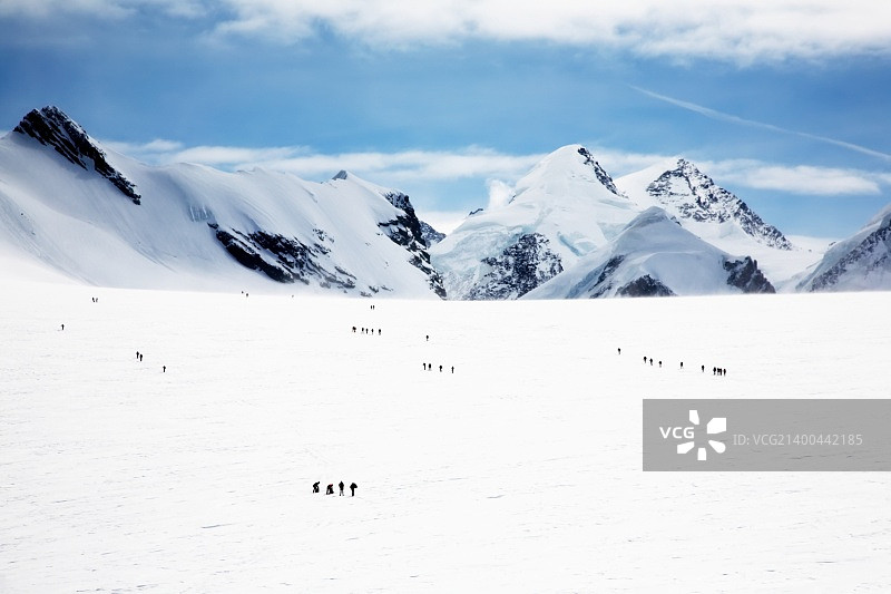 一群群的登山者走在巨大的韦拉冰川上;背景是Castore和polce的山峰。蒙特罗萨,Swiss-Italy边界。图片素材