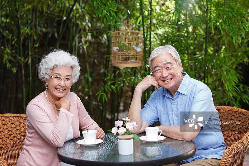 休闲的老年夫妇坐在院子里图片素材