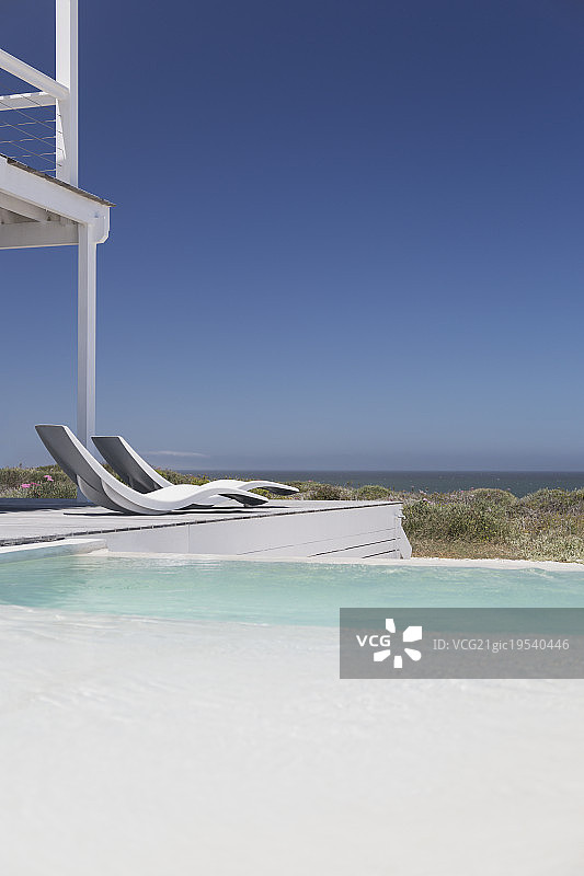 现代躺椅在泳池边与阳光下的蓝色天空下的海景图片素材
