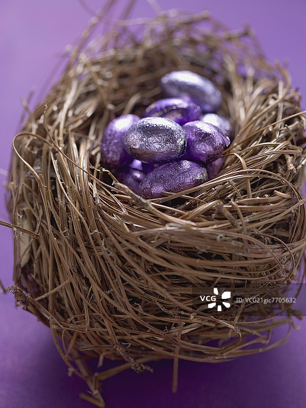 巧克力复活节蛋在紫色的箔在复活节窝图片素材