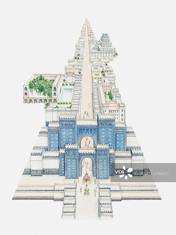 巴比伦古城伊什塔门和其他建筑的插图图片素材