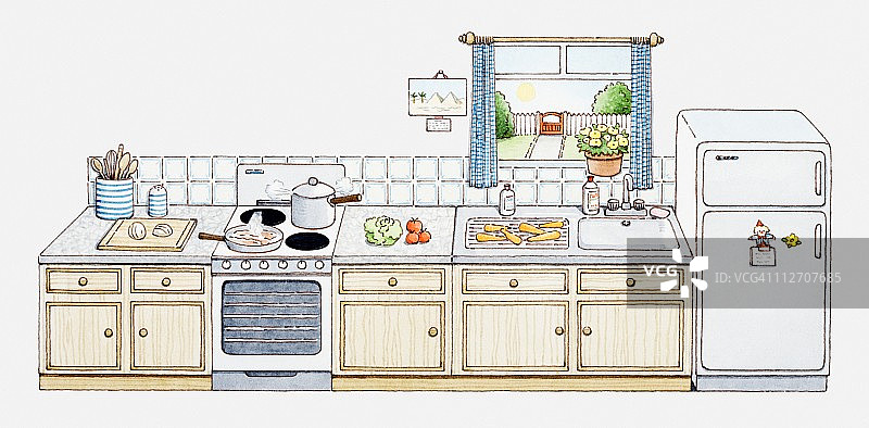 家用厨房的插图，所有的电器排成一排图片素材