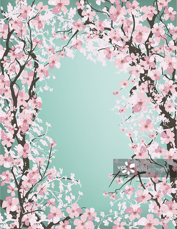 樱桃树枝在蓝绿色上形成一个框架背景图片素材