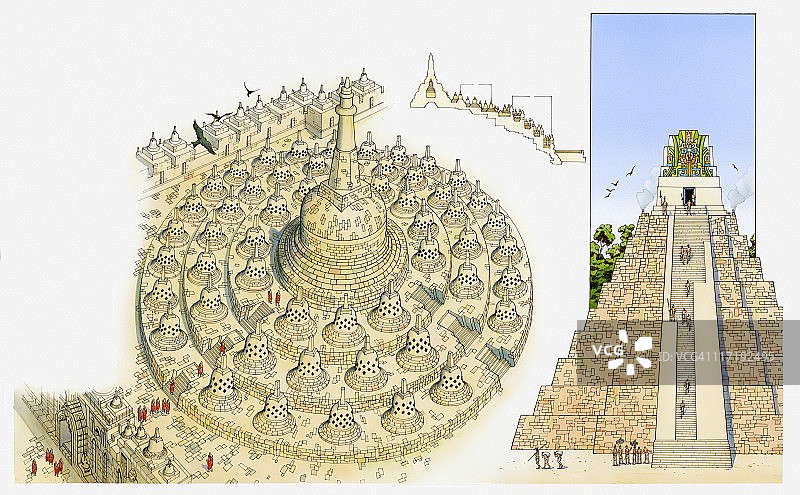位于爪哇山上的婆罗波杜尔和危地马拉巨型美洲虎寺庙的插图图片素材