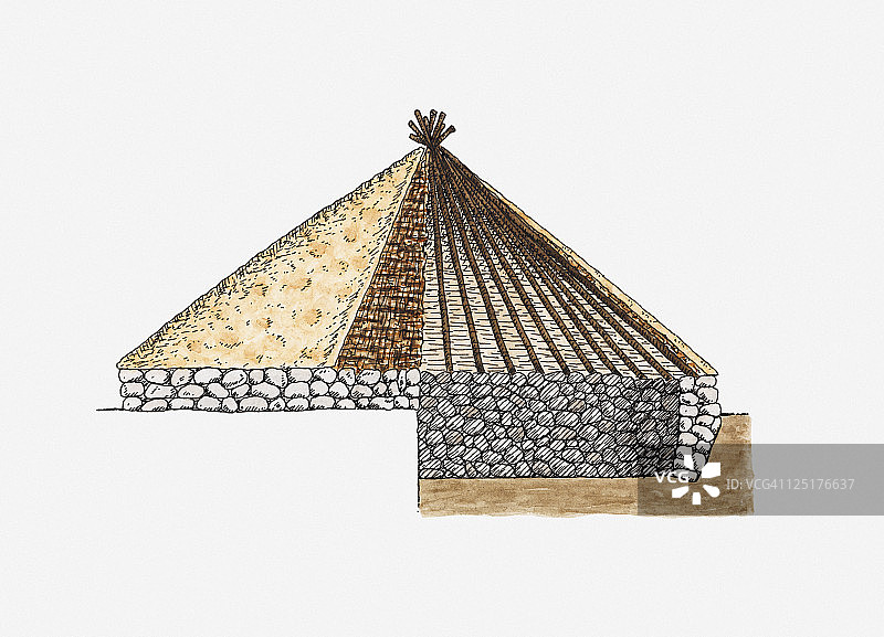 圆形小屋的截面插图，马拉加，以色列图片素材