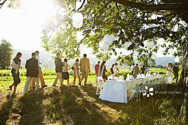 婚礼宴会走到树下的桌子在田野图片素材