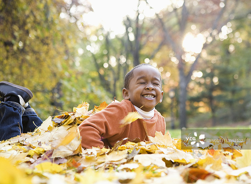 小男孩在秋天的树叶上玩耍图片素材