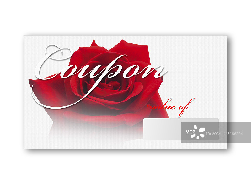 优惠券卡与红玫瑰在白色的背景，近距离图片素材