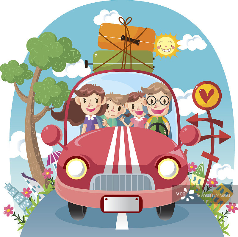 幸福家庭乘车旅行的插图图片素材